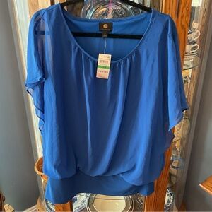 JM Collection Royal Blue Banded Bottom Flutter Sleeve Top NWT Large